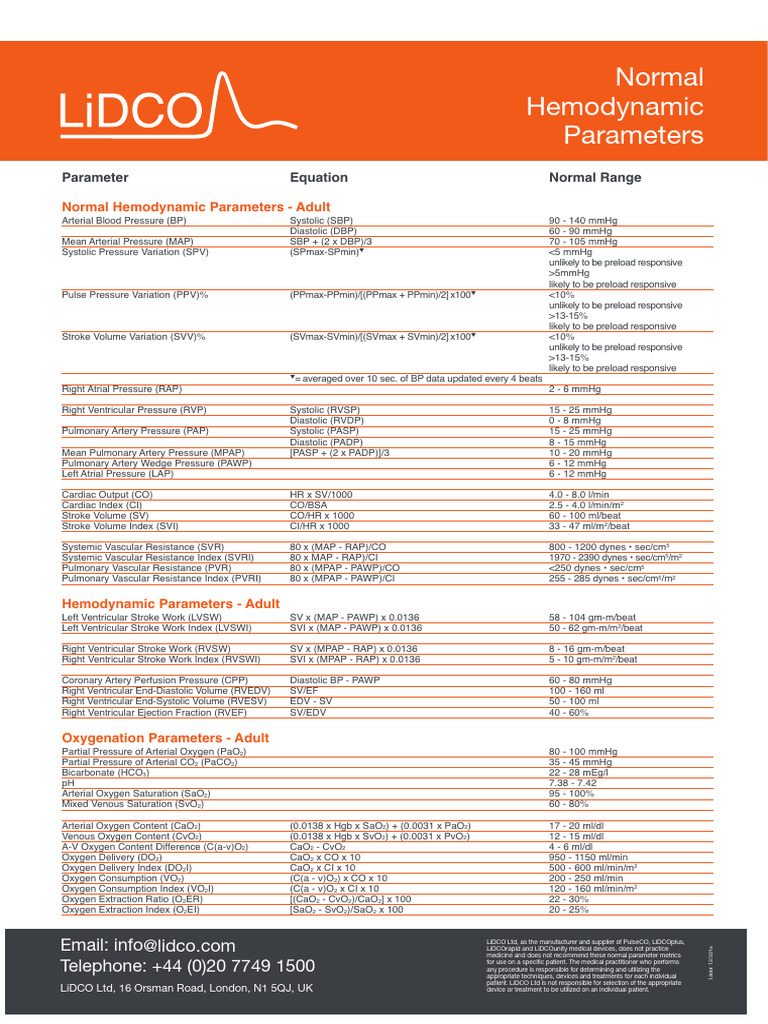 Adult Hemodynamic Parameters Overview | PDF | Blood Pressure | Diastole