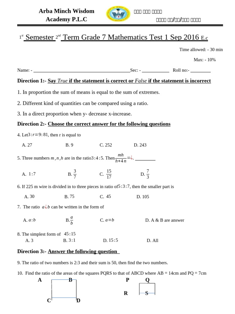 Grade 7 Term 2 Test & Work Sheet | PDF | Ratio | Mathematics