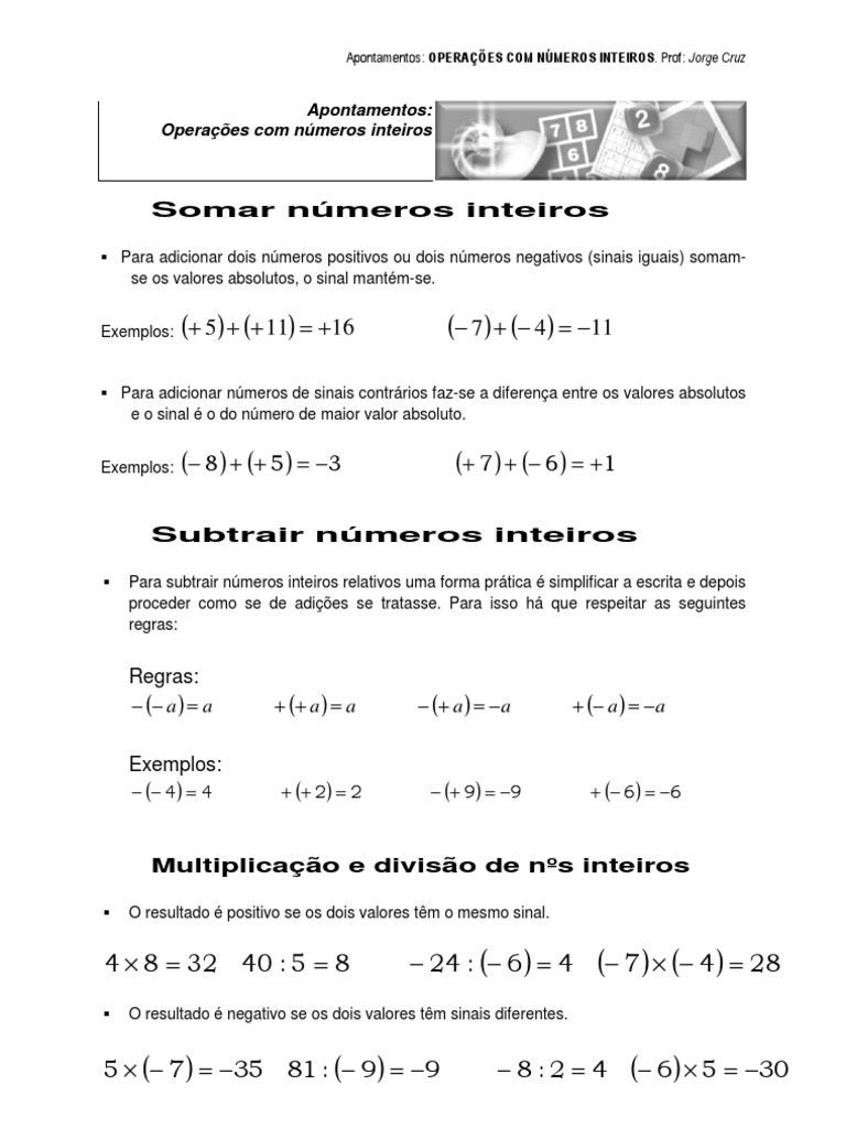 Uno das Operações com Números Inteiros - Matemática