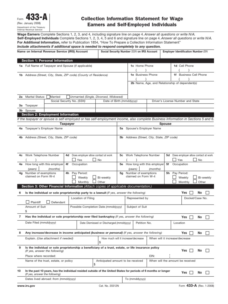 Collection Information Statement For Wage Earners and Self-Employed ...