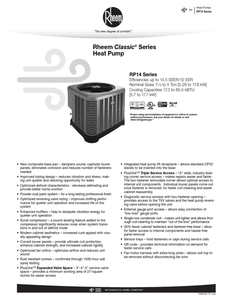 Rheem RP14 Heat Pump Data Sheet | PDF | Heat Pump | Temperature