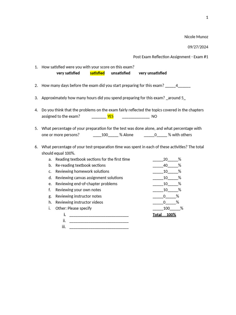 Exam Reflection and Study Improvement Plan | PDF
