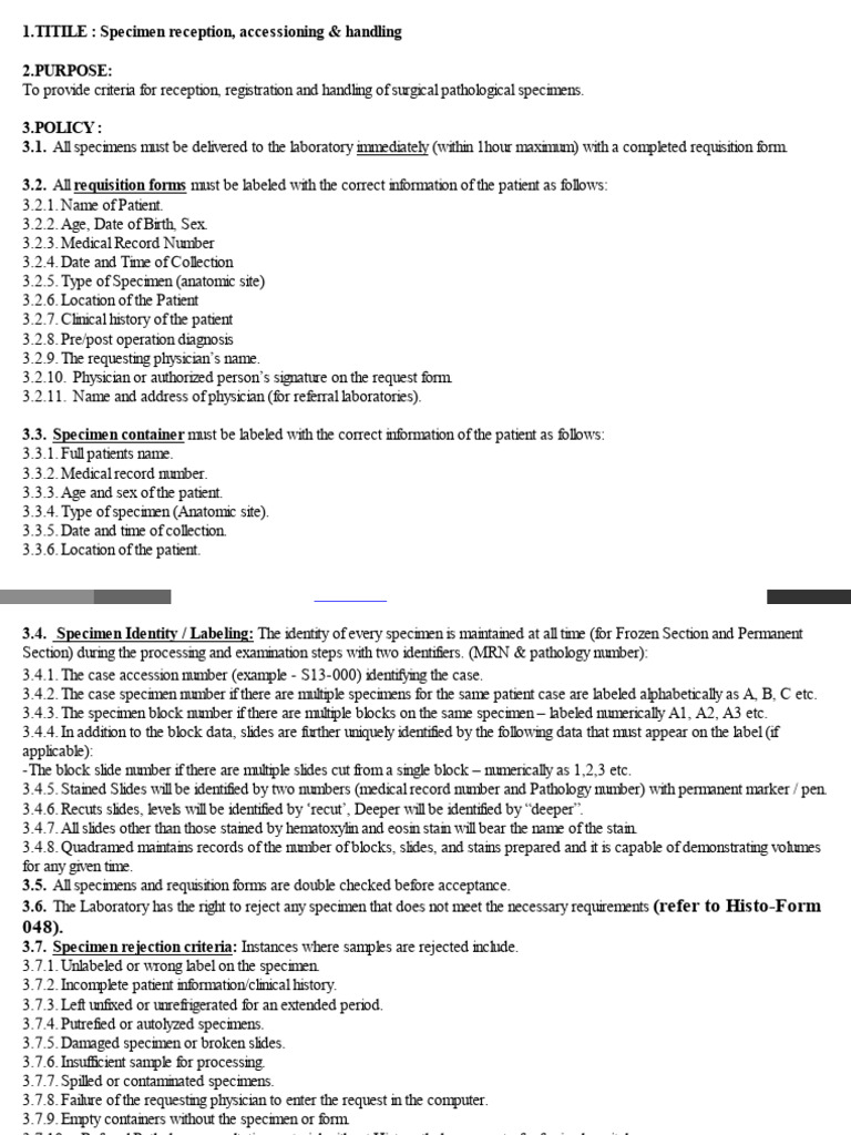 Specimen Reception and Handling Guidelines | PDF