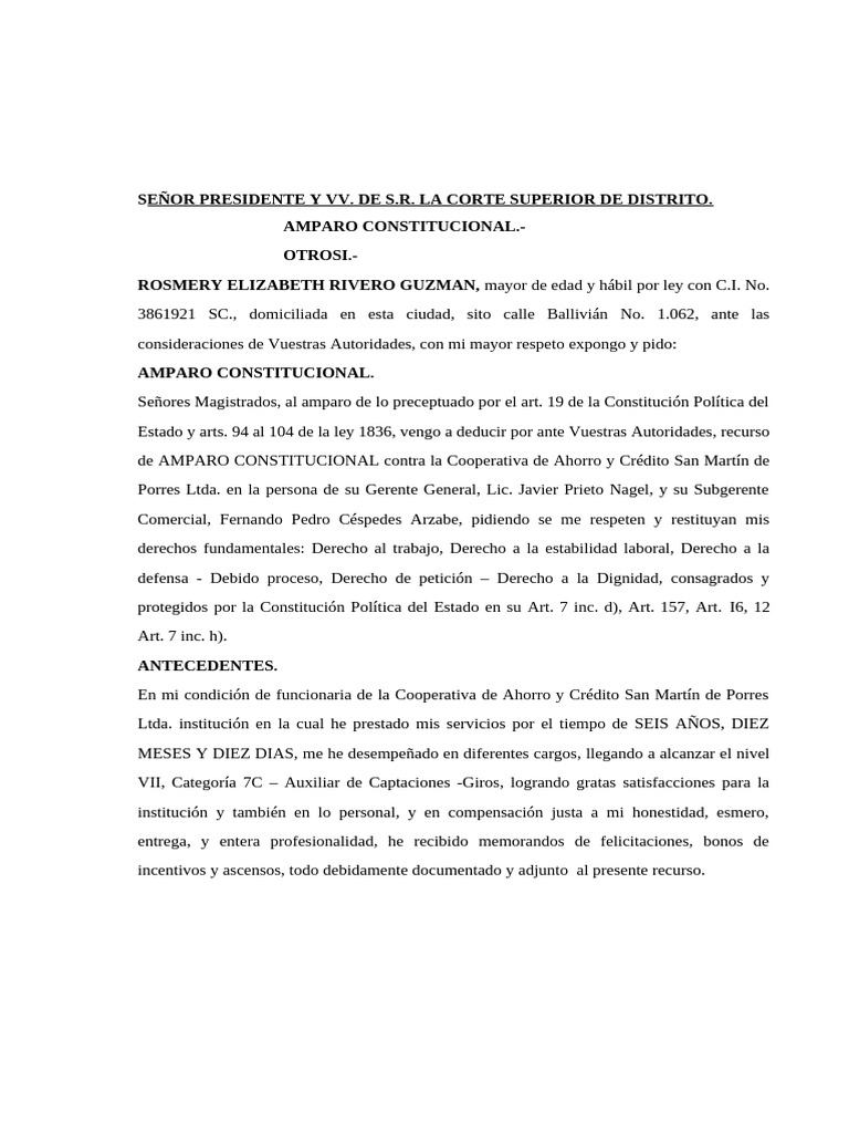 Amparo Constitucional por Despido Injusto | PDF | Caso de ley | Bancos