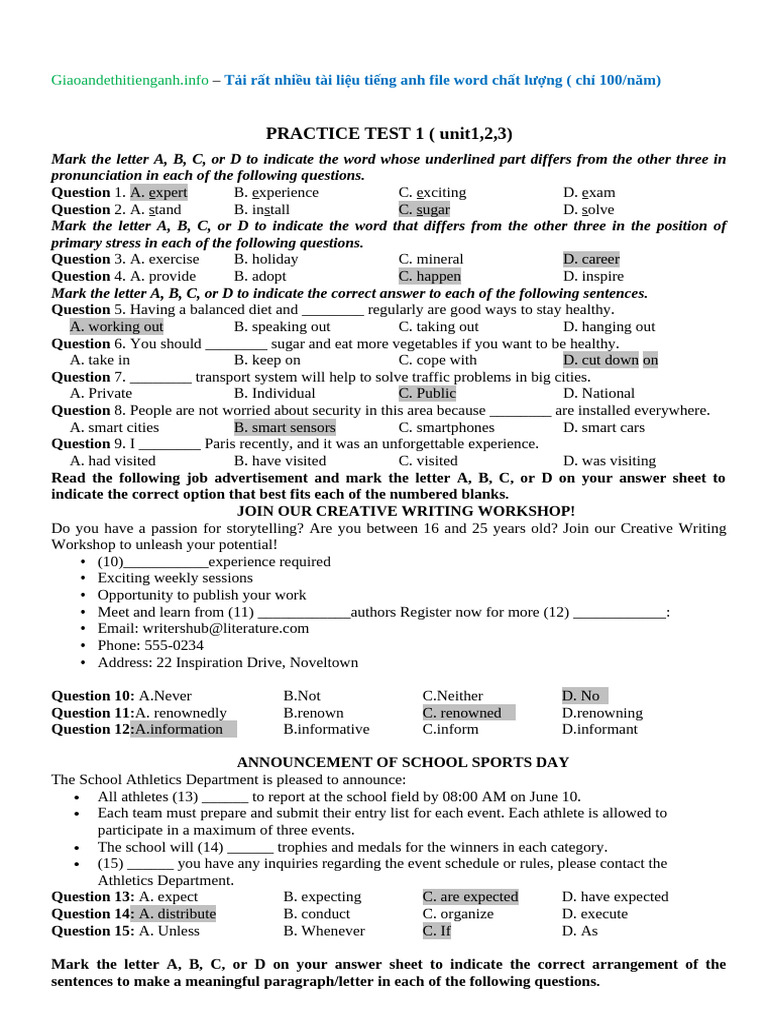 2025 English Practice Test Units 1-3 | PDF | Transport | Volunteering