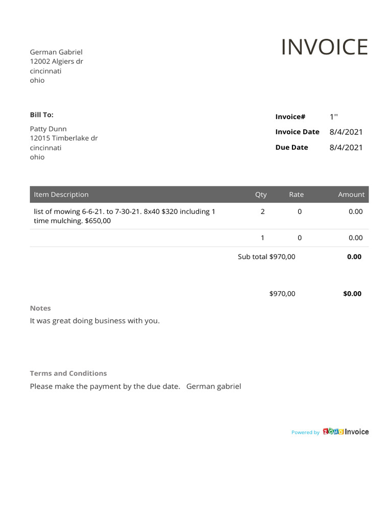 Invoice: German Gabriel 12002 Algiers DR Cincinnati Ohio | PDF