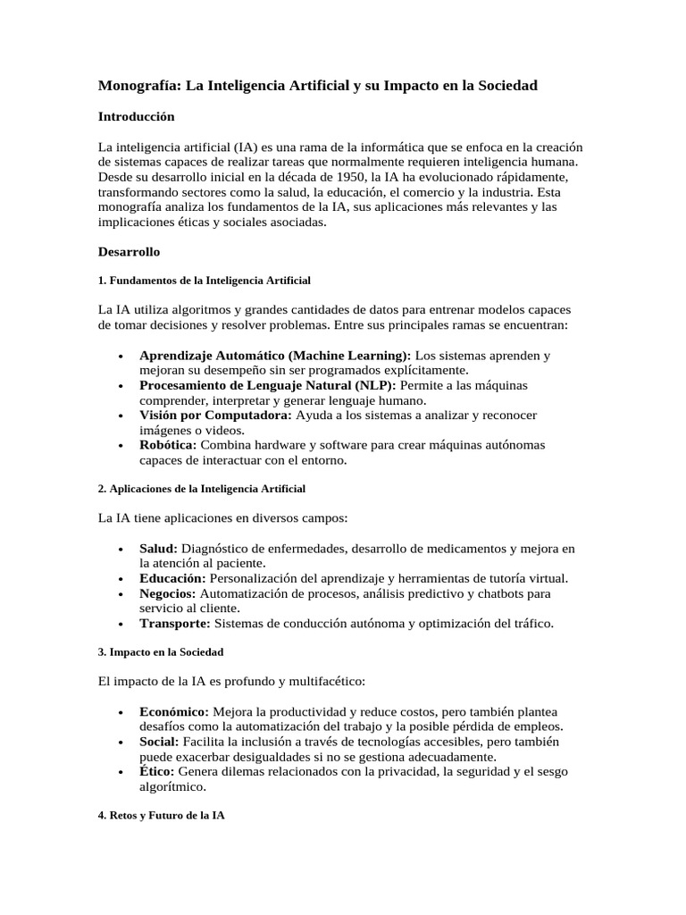 Inteligencia Artificial y Su Impacto en La Sociedad | PDF ...