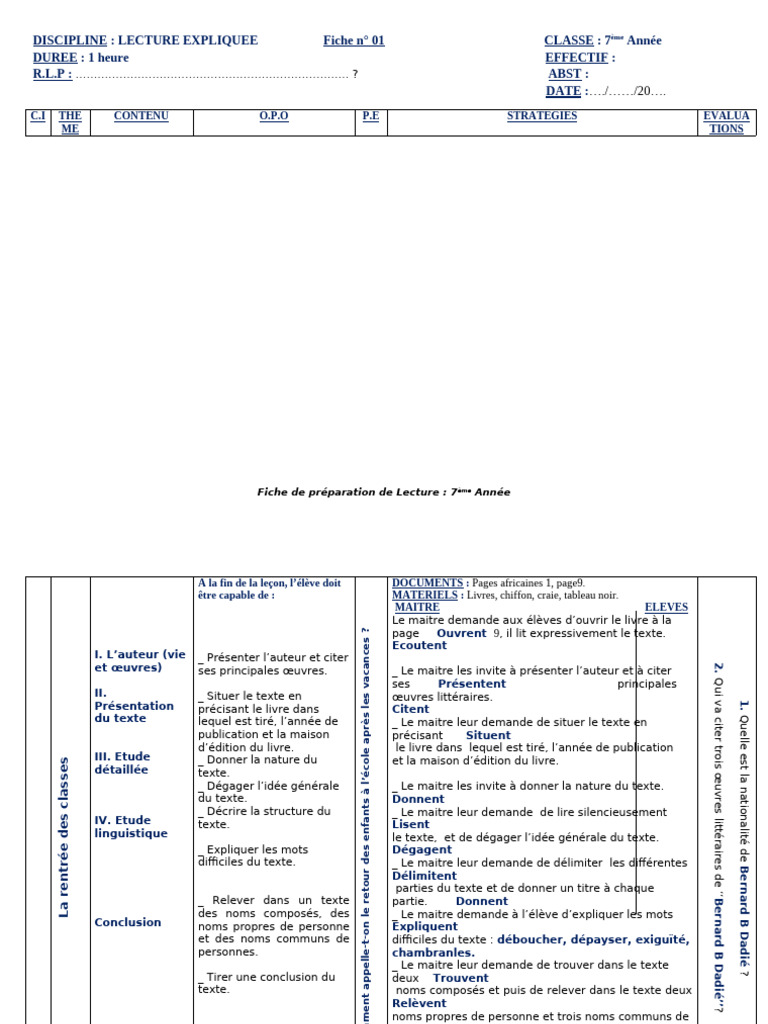 Fiche de préparation Lecture 7ème année | PDF | Linguistique