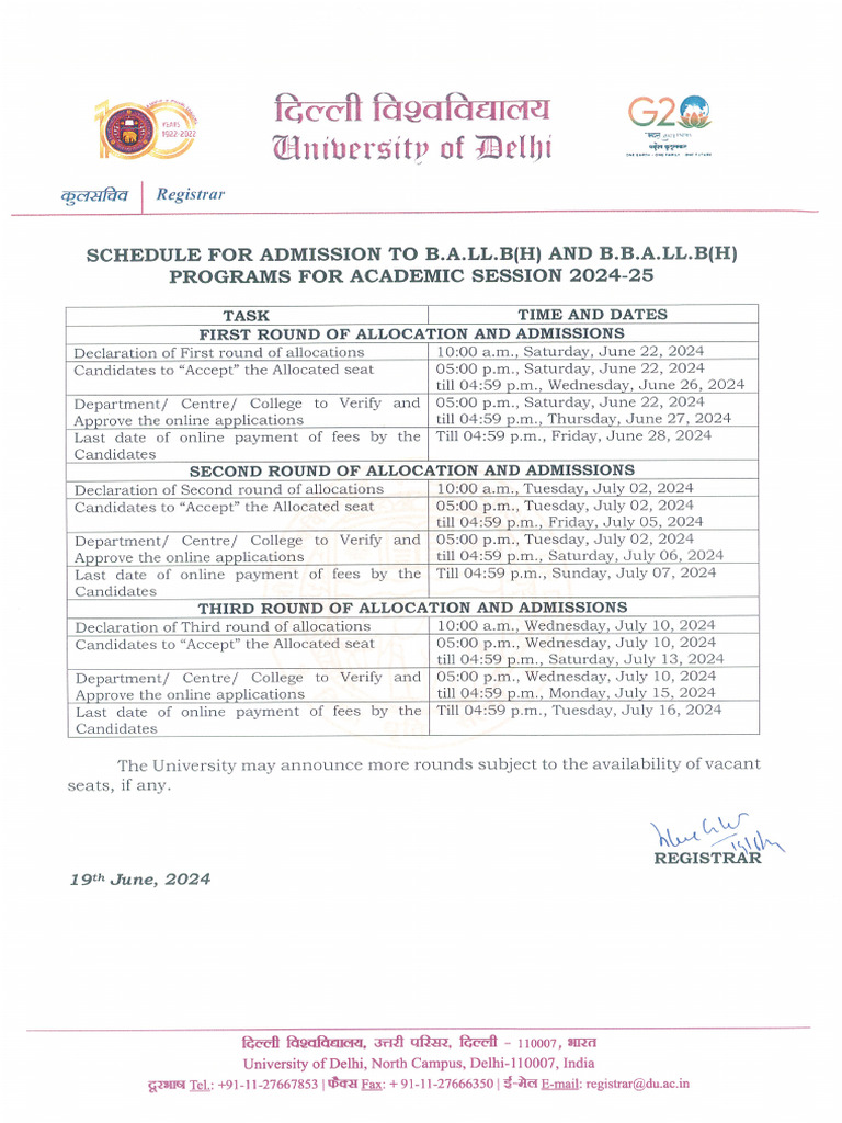 Schedule - Admission To BALLB (H) & BBALLB (H) Programmes For Academic ...
