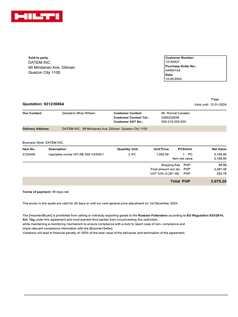 Quotation 931236964 | PDF | Value Added Tax | Business