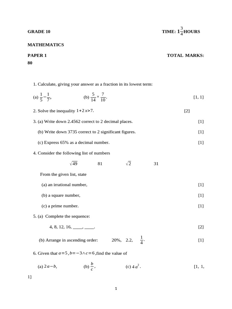 Grade 10 Mathematics Paper 1 | PDF