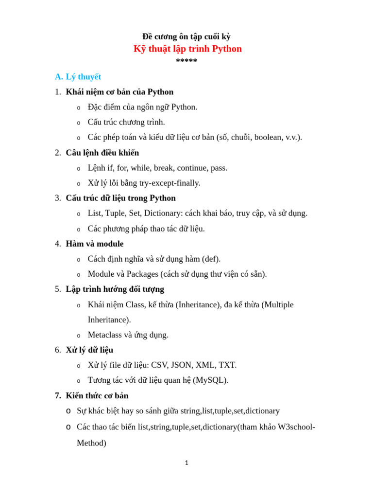 De Cuong On Tap Python | PDF