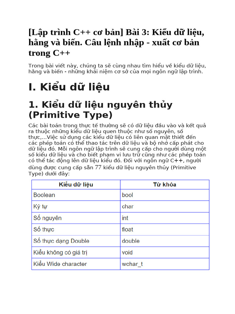 Bài 3 Kiểu dữ liệu, hằng và biến. Câu lệnh nhập - xuất cơ bản trong C++ ...