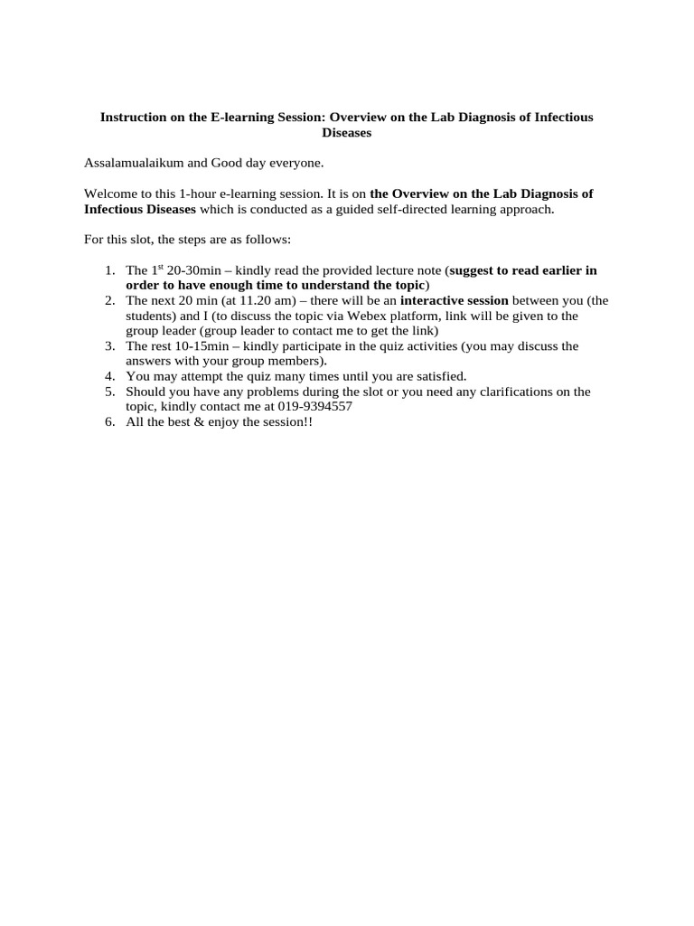 Instruction On The Overview of The Lab Diagnosis of ID E-Learning | PDF