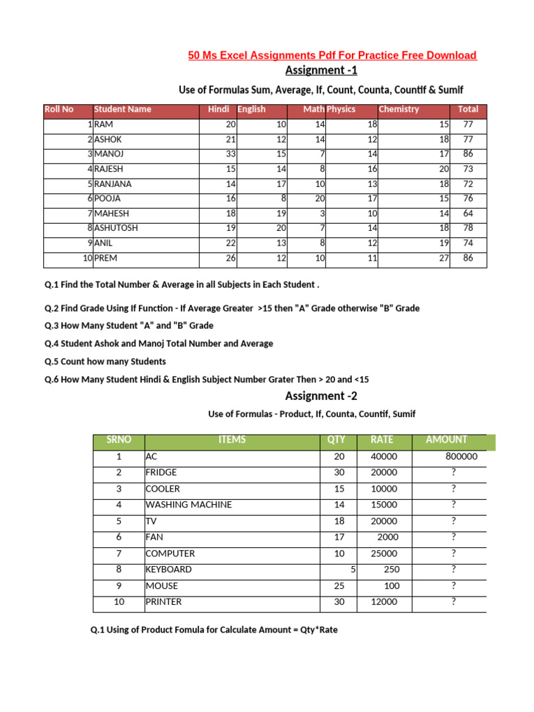 50 Ms Excel Assignments PDF For Practice | PDF | Fruit | Vegetables