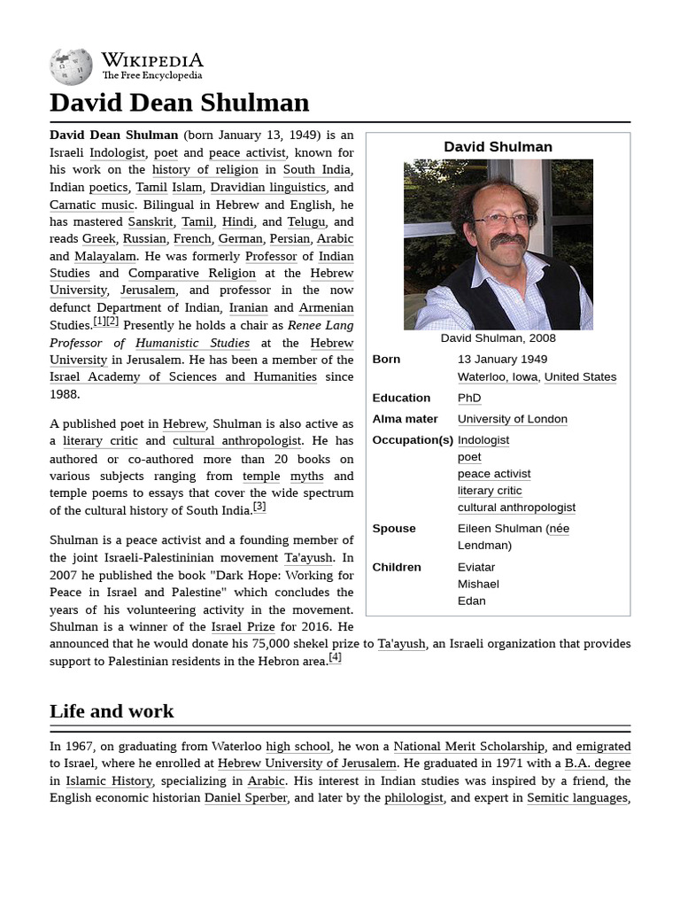 David Dean Shulman: Indologist and Activist | PDF