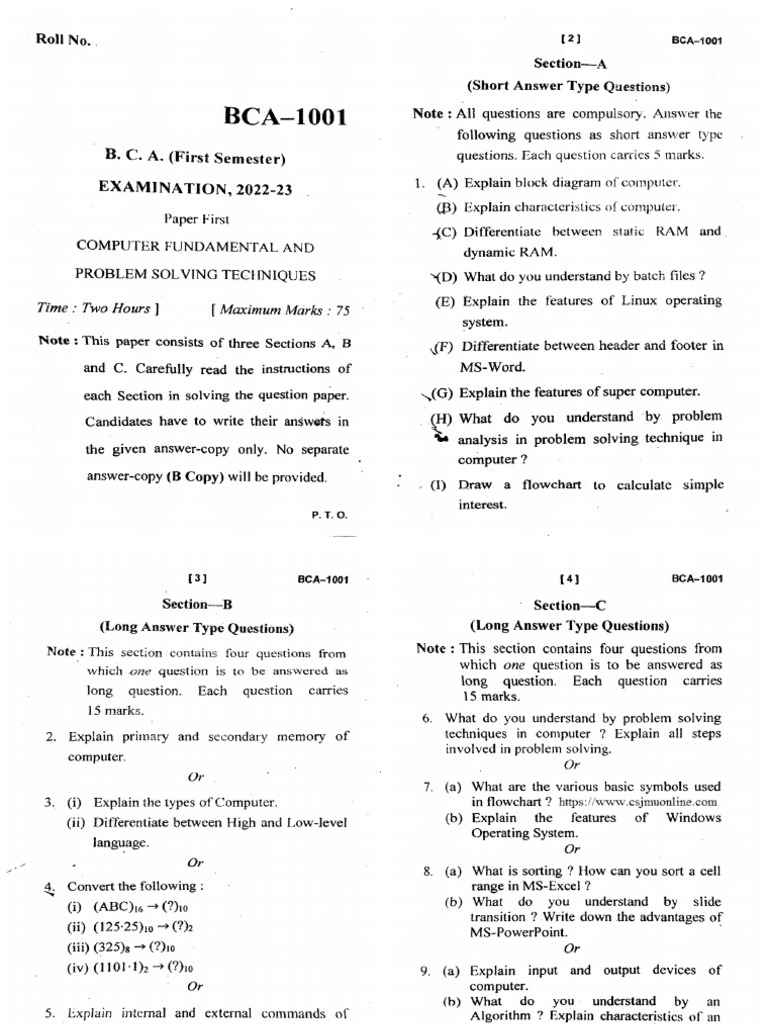 Bca 1 Sem Computer Fundamental and Problem Solving Techniques Bca 1001 ...