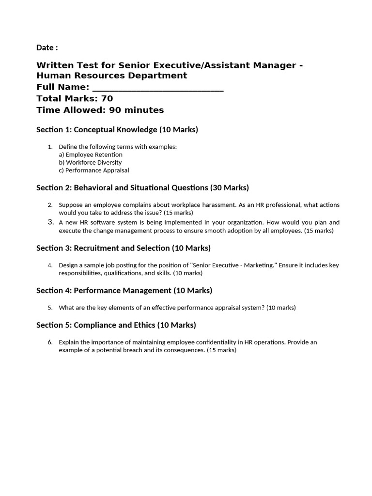 HR Test for Senior Executives | PDF | Recruitment | Performance Appraisal