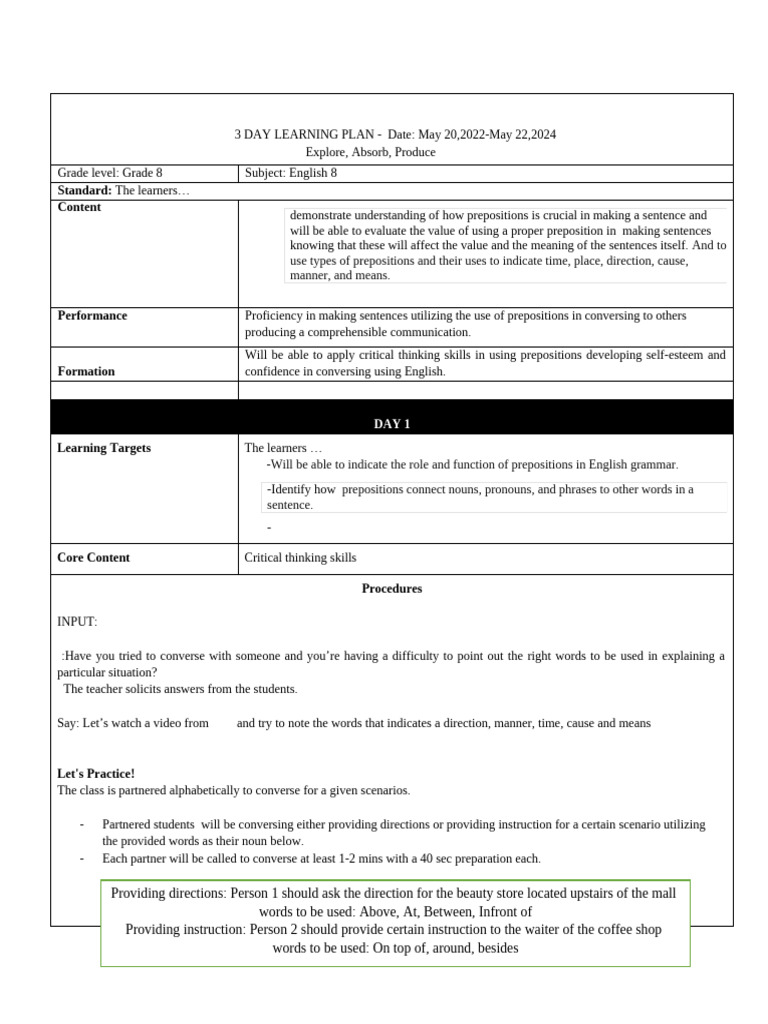 Prepositions in English: 3-Day Plan | PDF | English Language | Learning