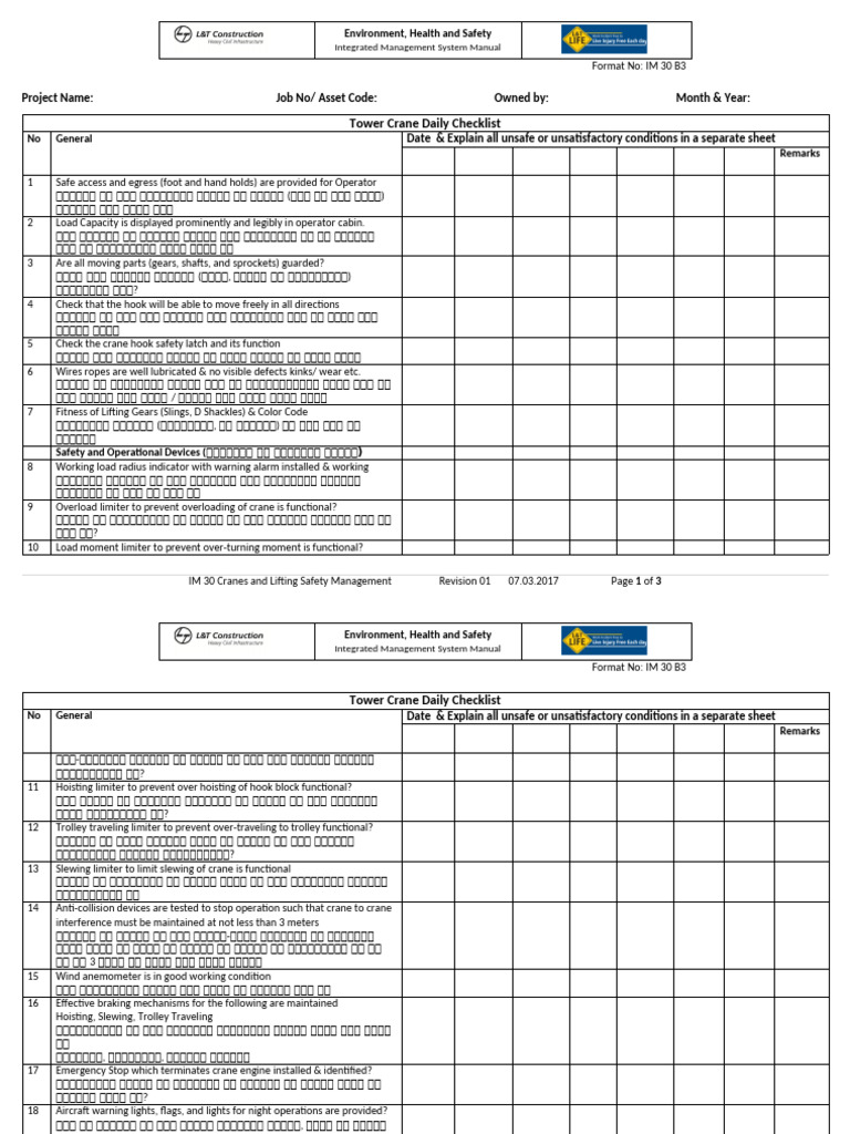 IM 30 B3 Tower Crane Daily Checklist With Hindi | PDF