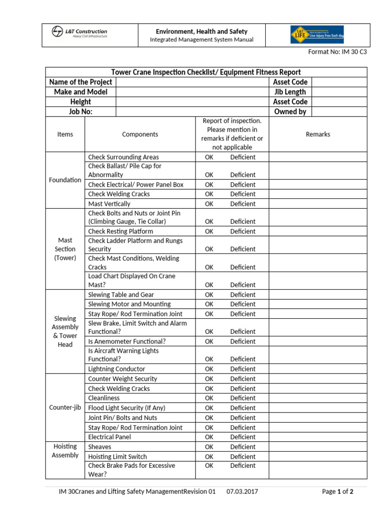Tower Crane Inspection Checklist | PDF | Crane (Machine) | Manufactured ...