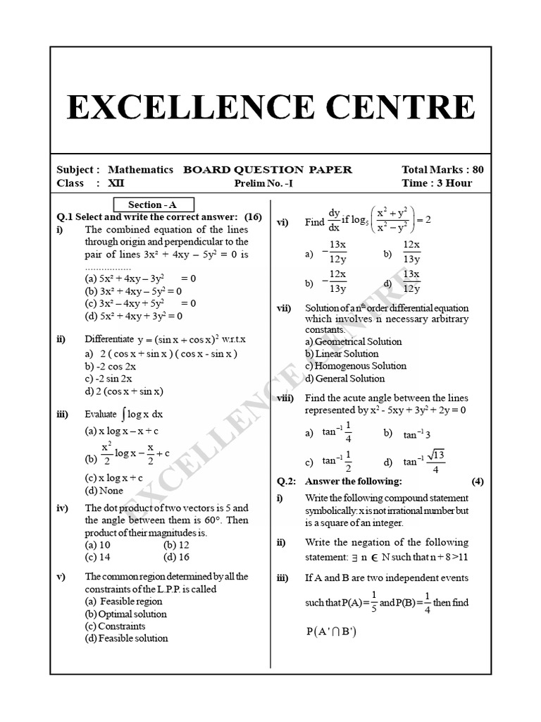 Class XII Mathematics Board Paper | PDF | Mathematical Concepts ...