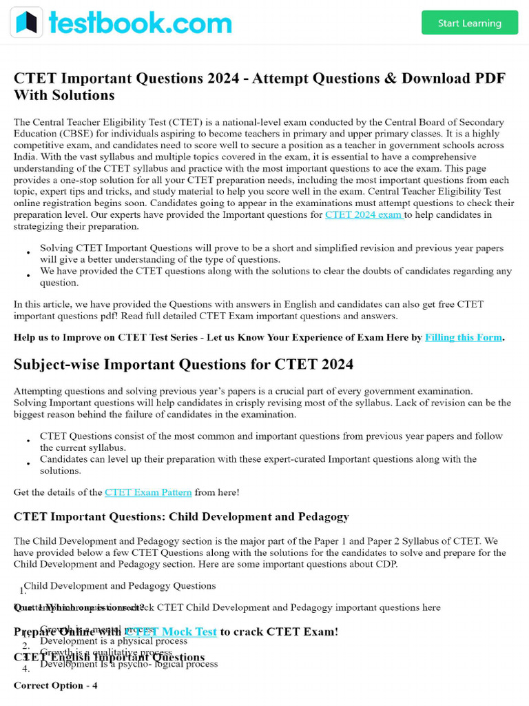 CTET Important Questions 2024 - Attempt Questions & Download PDF With ...