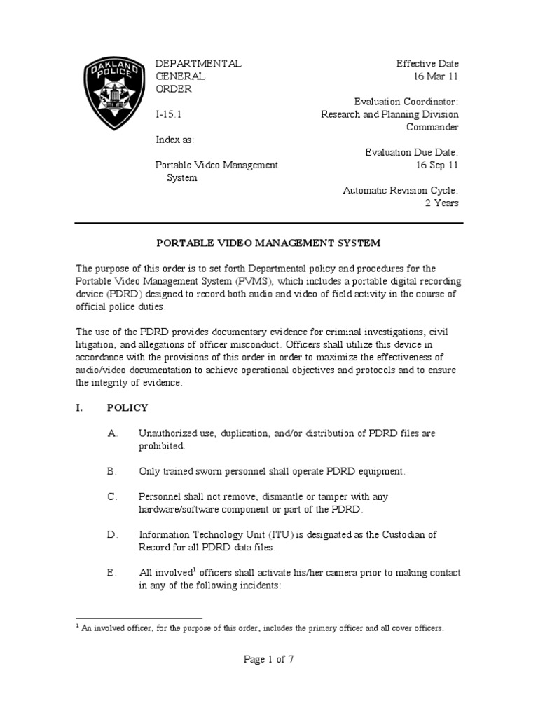 Portable Video Management System Policy | PDF | Discovery (Law) | Police