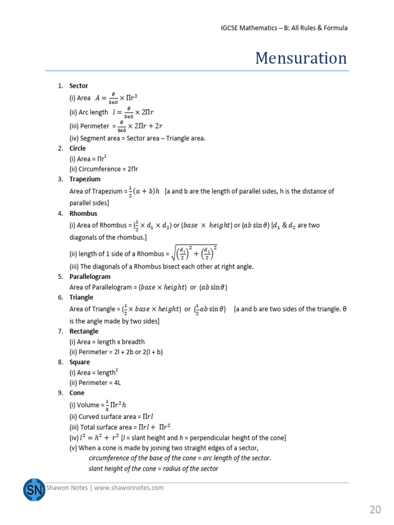 Mensuration Formulas for IGCSE Maths | PDF | Area | Volume