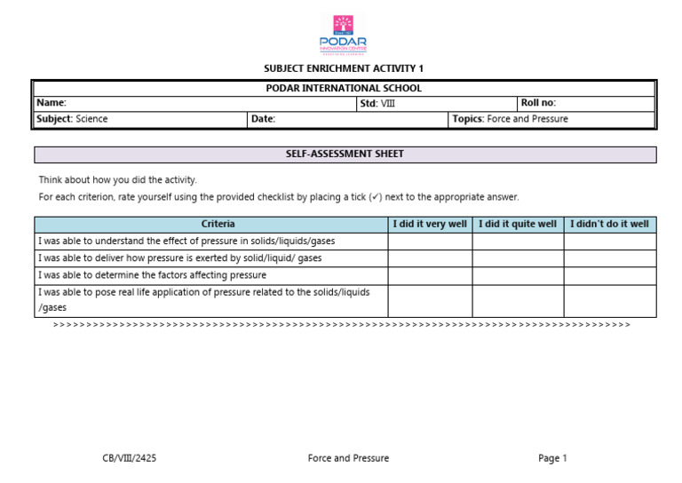 1721717427451.SE1 Self Assessment Sheet CB VIII Sci Force and Pressure ...