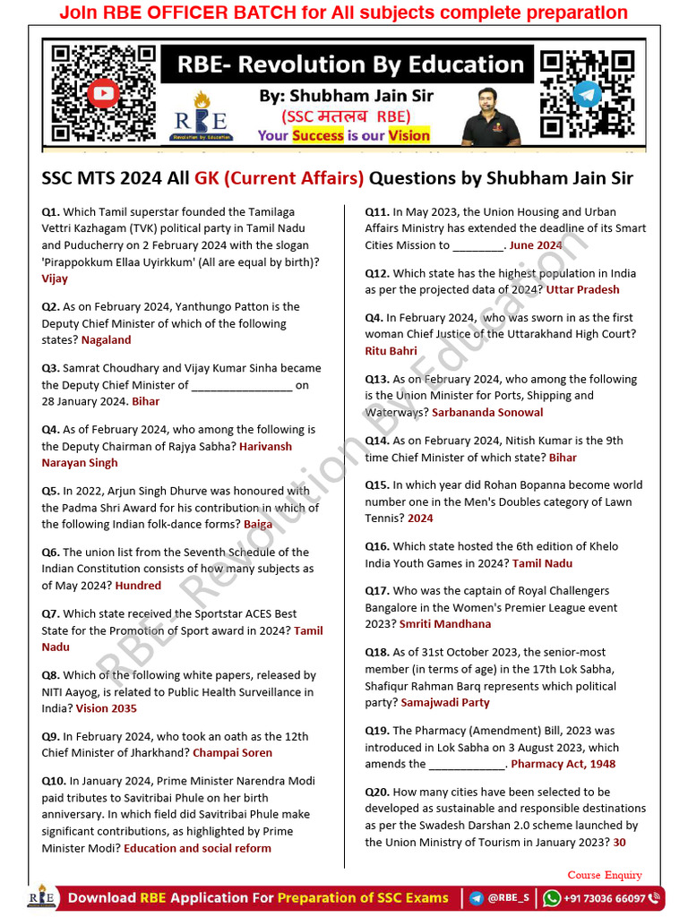 SSC MTS 2024 Current Affairs Quiz | PDF