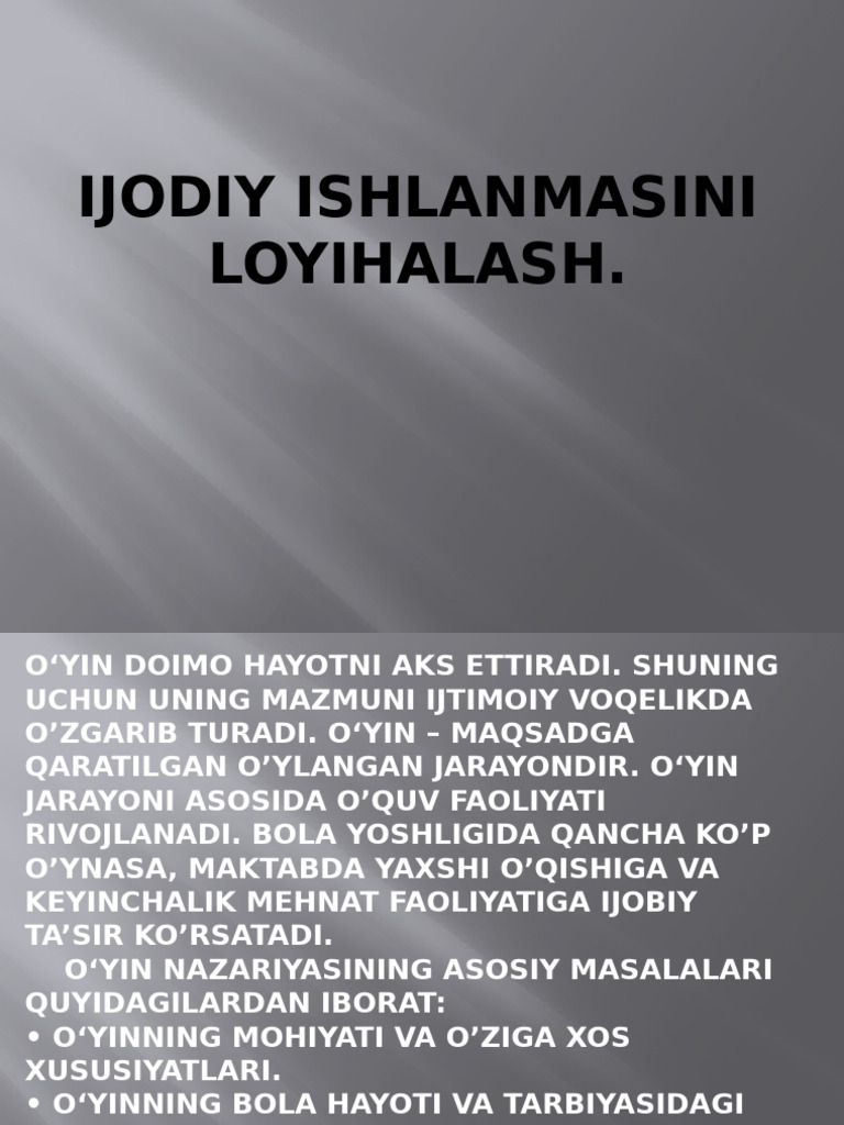 Ijodiy Ishlanmasini Loyihalash | PDF