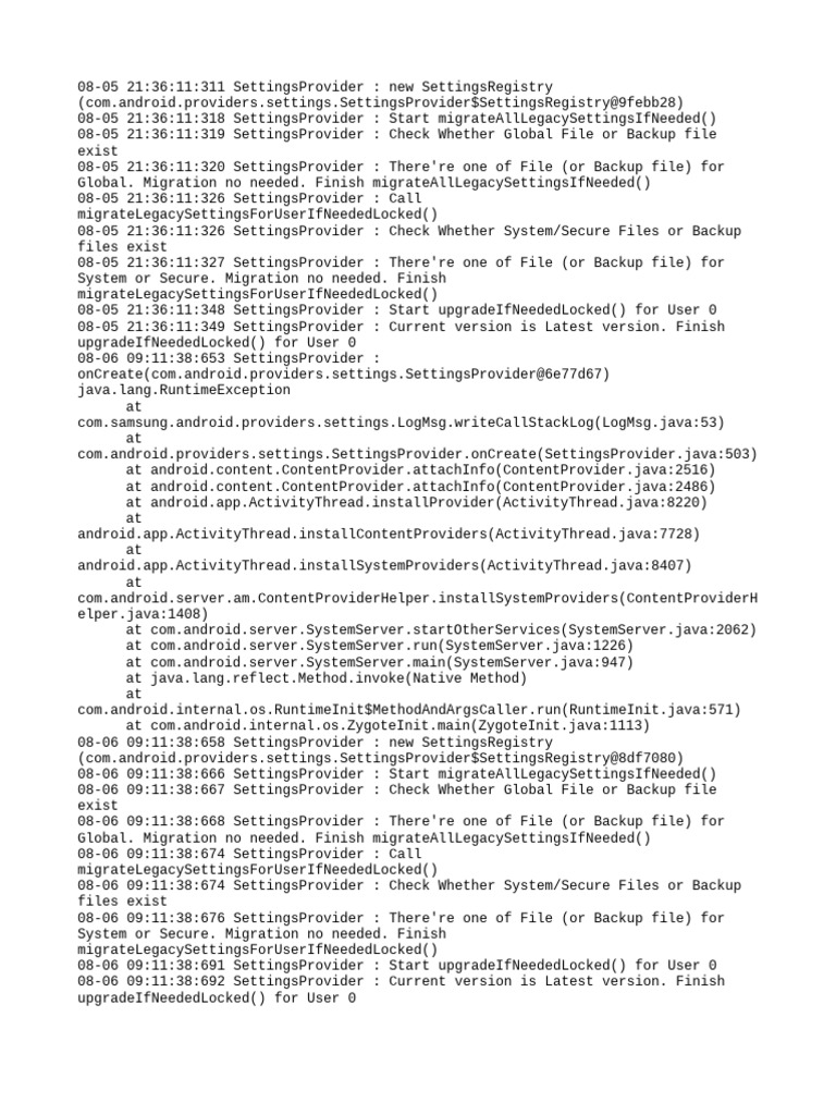 Android Settings Provider Migration Logs | PDF | Java (Programming ...