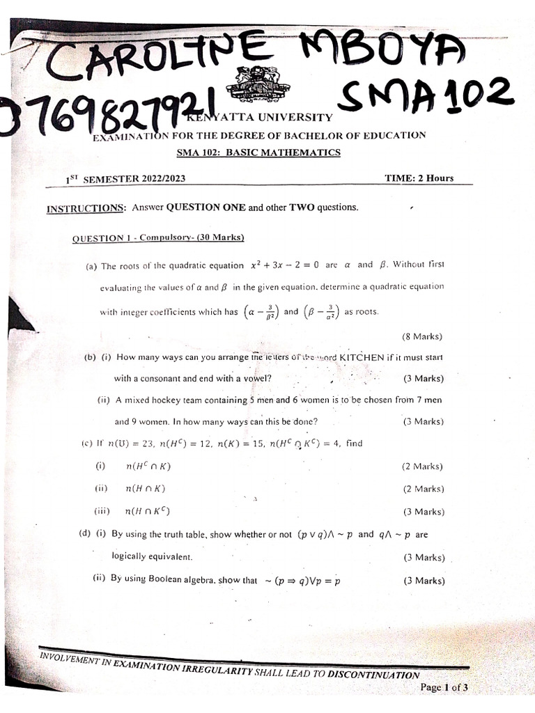 Sma 102 Past Papers by Carolyne Mboya | PDF