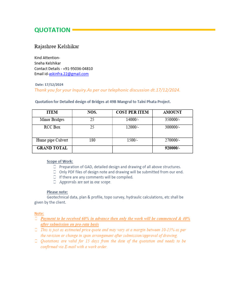 Quotation Design-49B Mangrul To Talni Phata Project-171224 | PDF