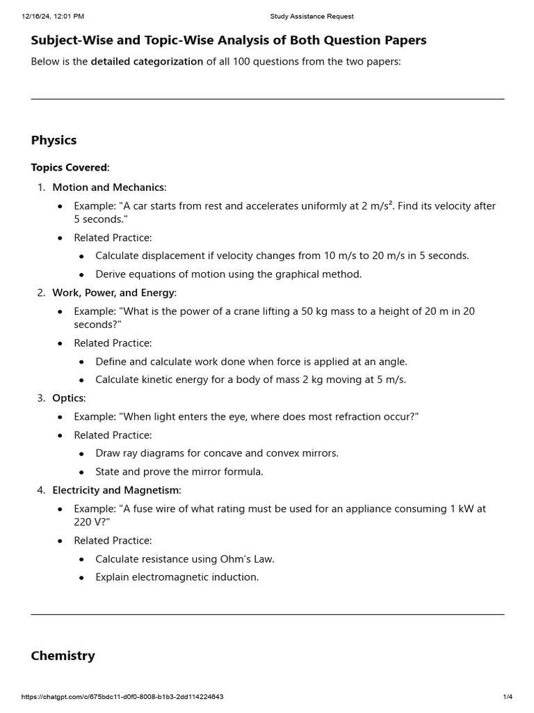 Subject and Topic Analysis of Exam Papers | PDF | Chemistry | Physical ...