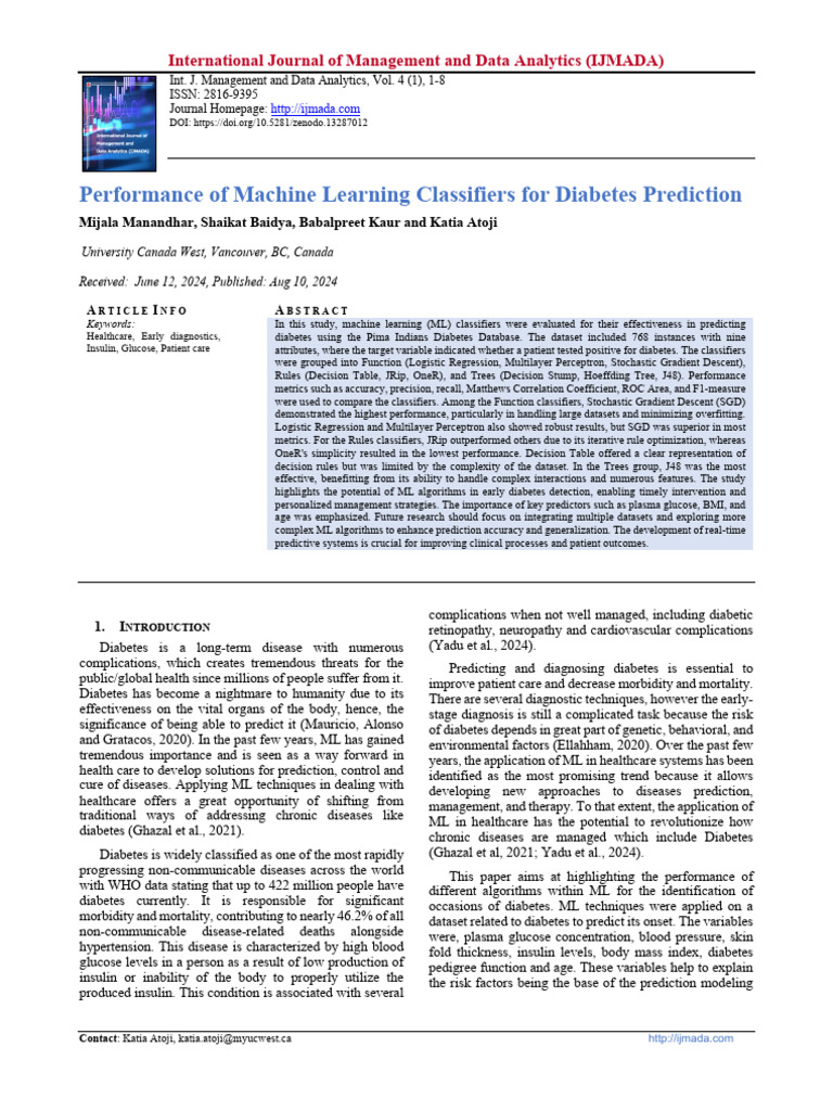 Performance of Machine Learning Classifiers For Diabetes Prediction ...