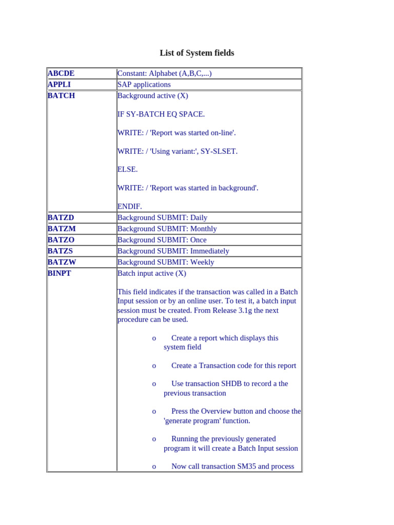 SAP System Fields Overview | PDF | Computing | Computer Programming