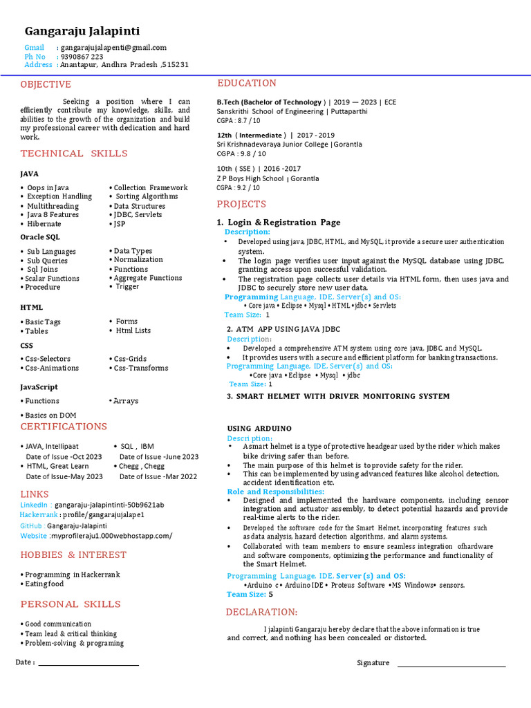 Gangaraju Jalapinti Resume 2023 | PDF | Java (Programming Language ...
