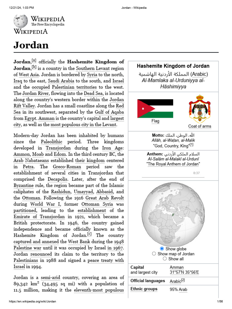 Jordan - Wikipedia | PDF | Jordan | Palestine Liberation Organization