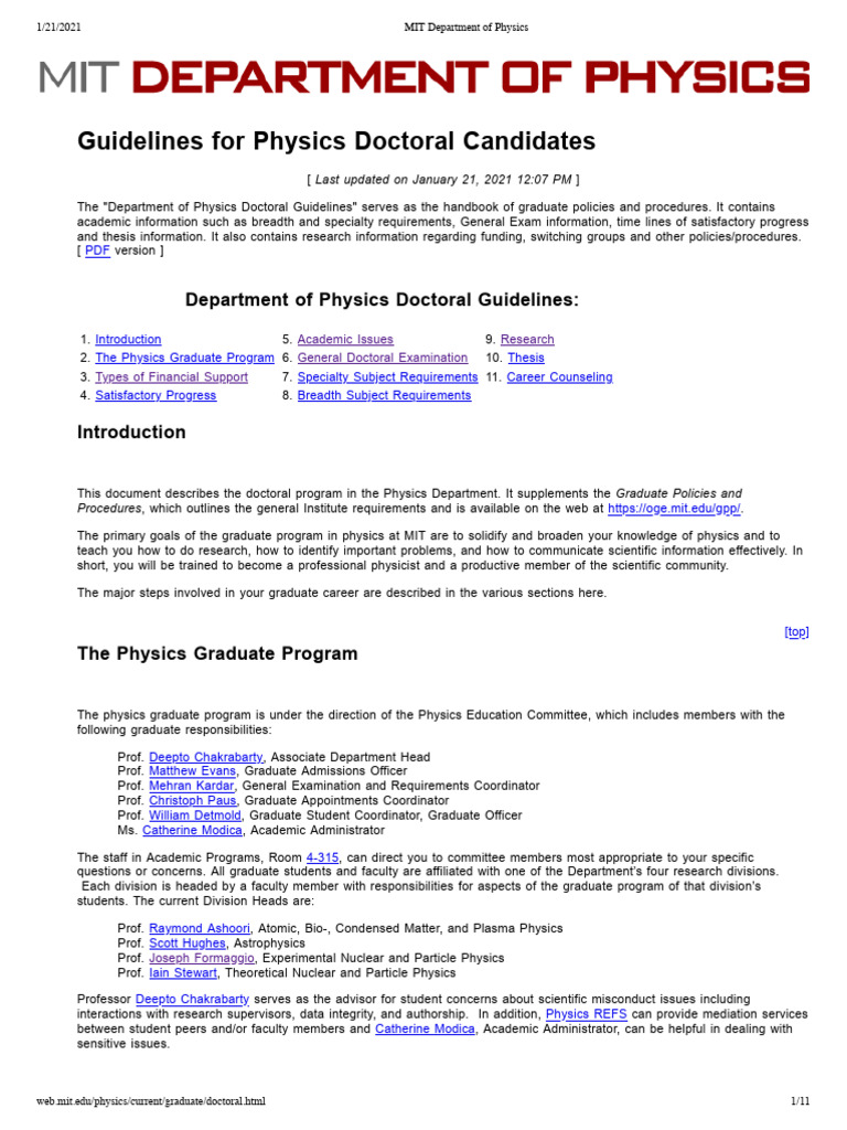 MIT Physics Doctoral Program Guidelines | PDF | Thesis | Physics