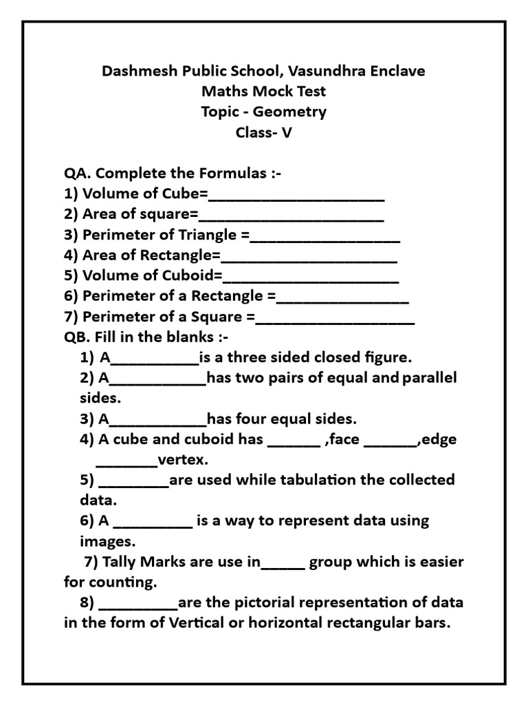 Maths geo mock test-1 | PDF | Area | Volume