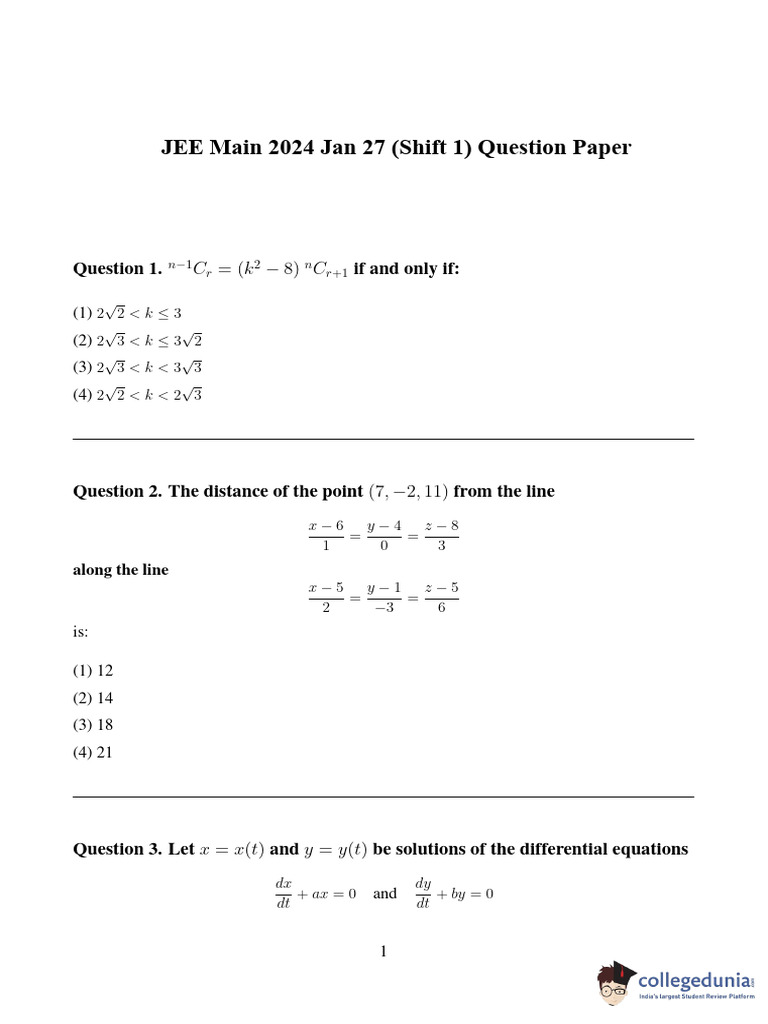 JEE Main 2024 Jan 27 Shift 1 Paper | PDF | Binding Energy | Electronvolt