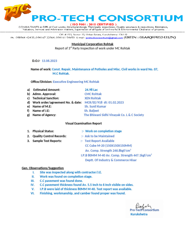 MC Rohtak Pothole Repair Inspection Report | PDF