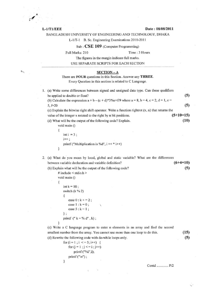 CSE 109 Exam: Computer Programming 2020 | PDF | Parameter (Computer ...