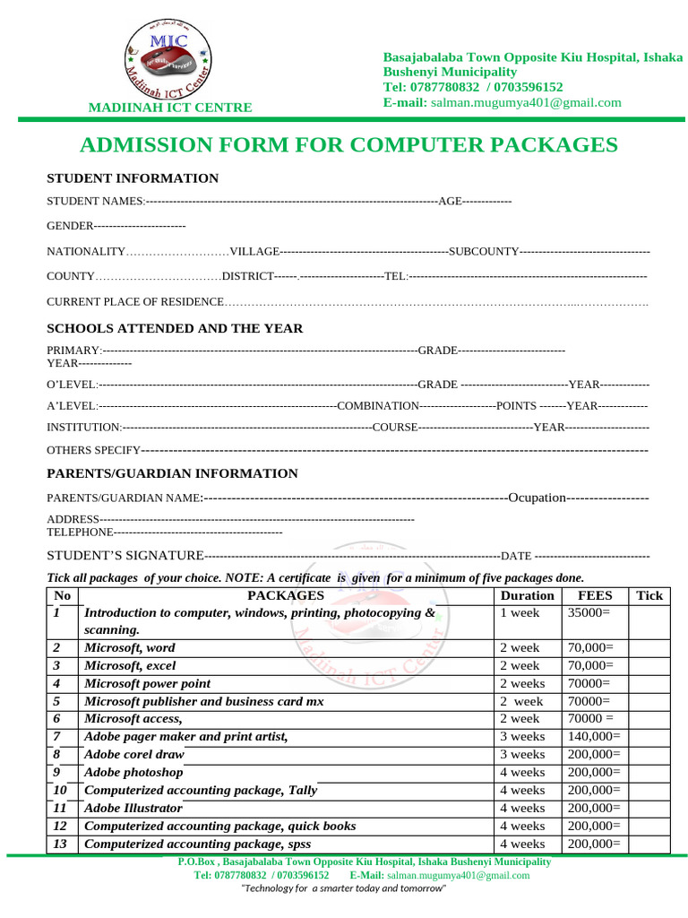 Madiinah ICT Centre Admission Form | PDF | Printer (Computing) | Office ...