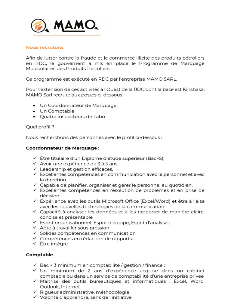 Recrutement chez MAMO Sarl à Kinshasa | PDF