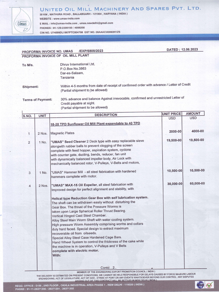 Proforma Invoice for Oil Mill Machinery | PDF | Manufactured Goods