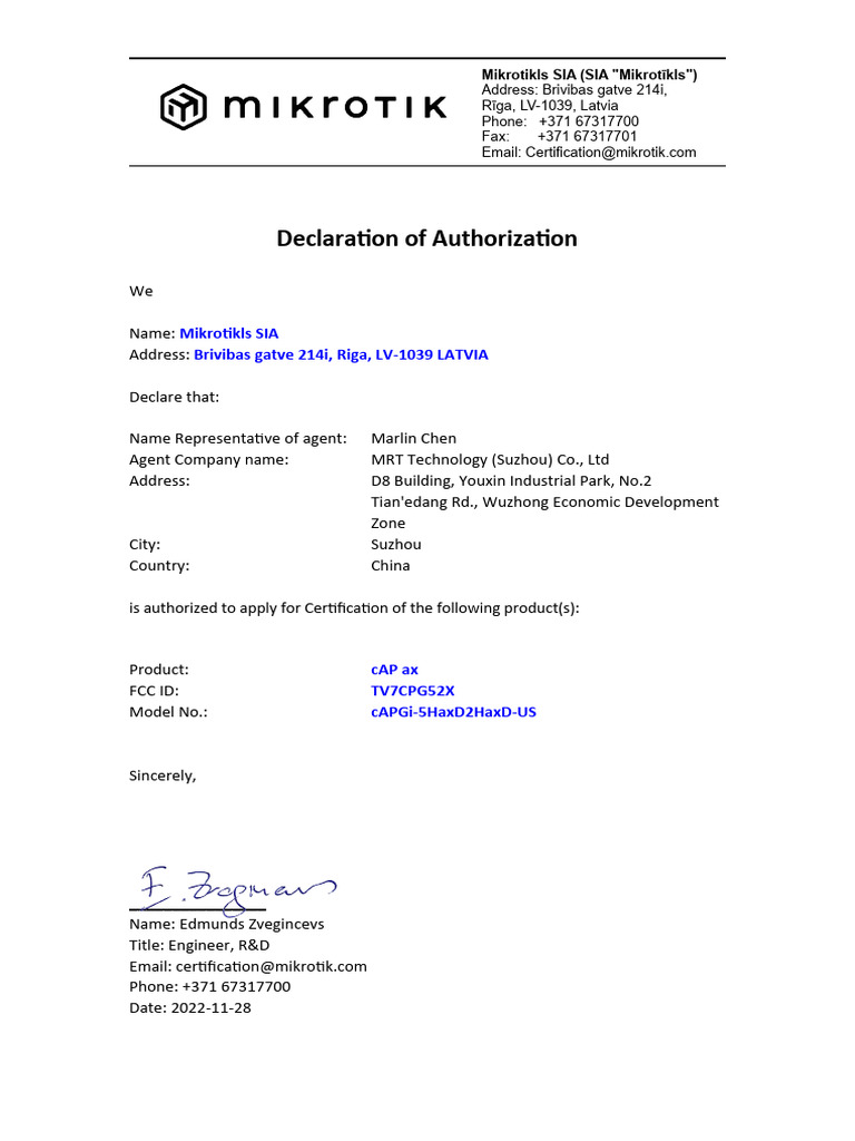 Declaration of Authorization: Mikrotikls SIA Brivibas Gatve 214i, Riga ...