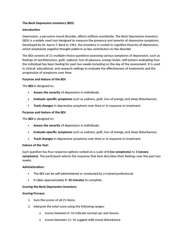 Understanding the Beck Depression Inventory | PDF | Major Depressive ...